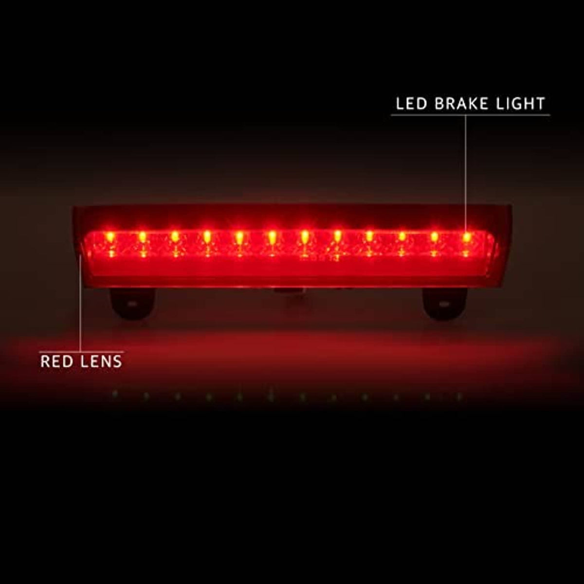 LED high mount stop light with red lens, illuminated.