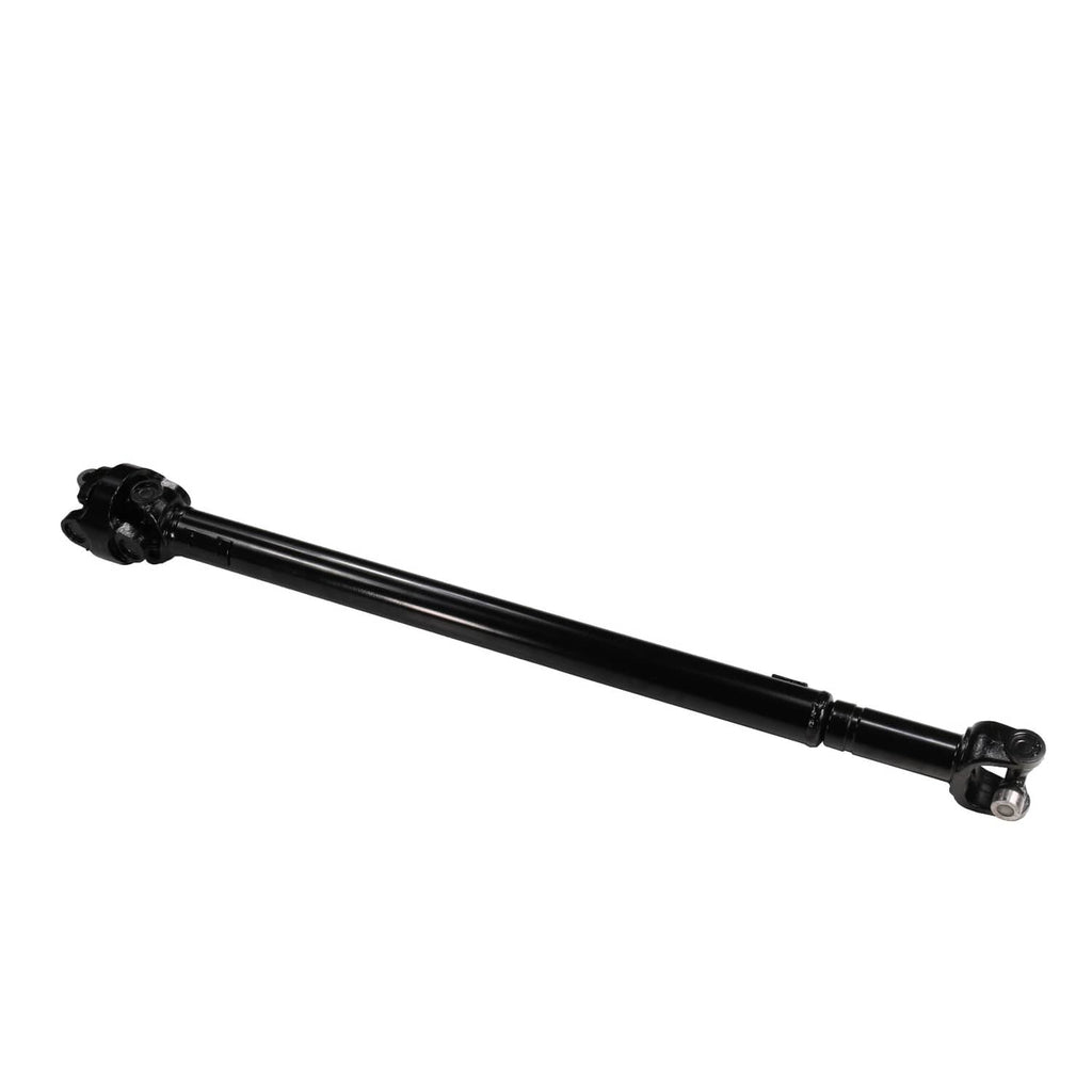 Front drive shaft assembly long view, black shaft with U-joints at both ends