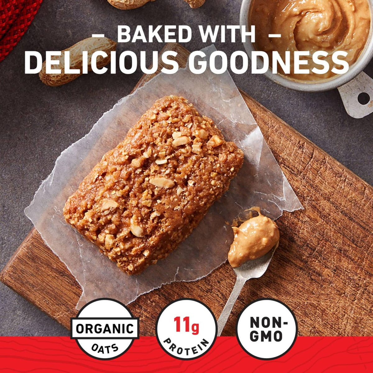 Crunchy peanut butter energy bar with organic oats, 11g protein, non-GMO badges