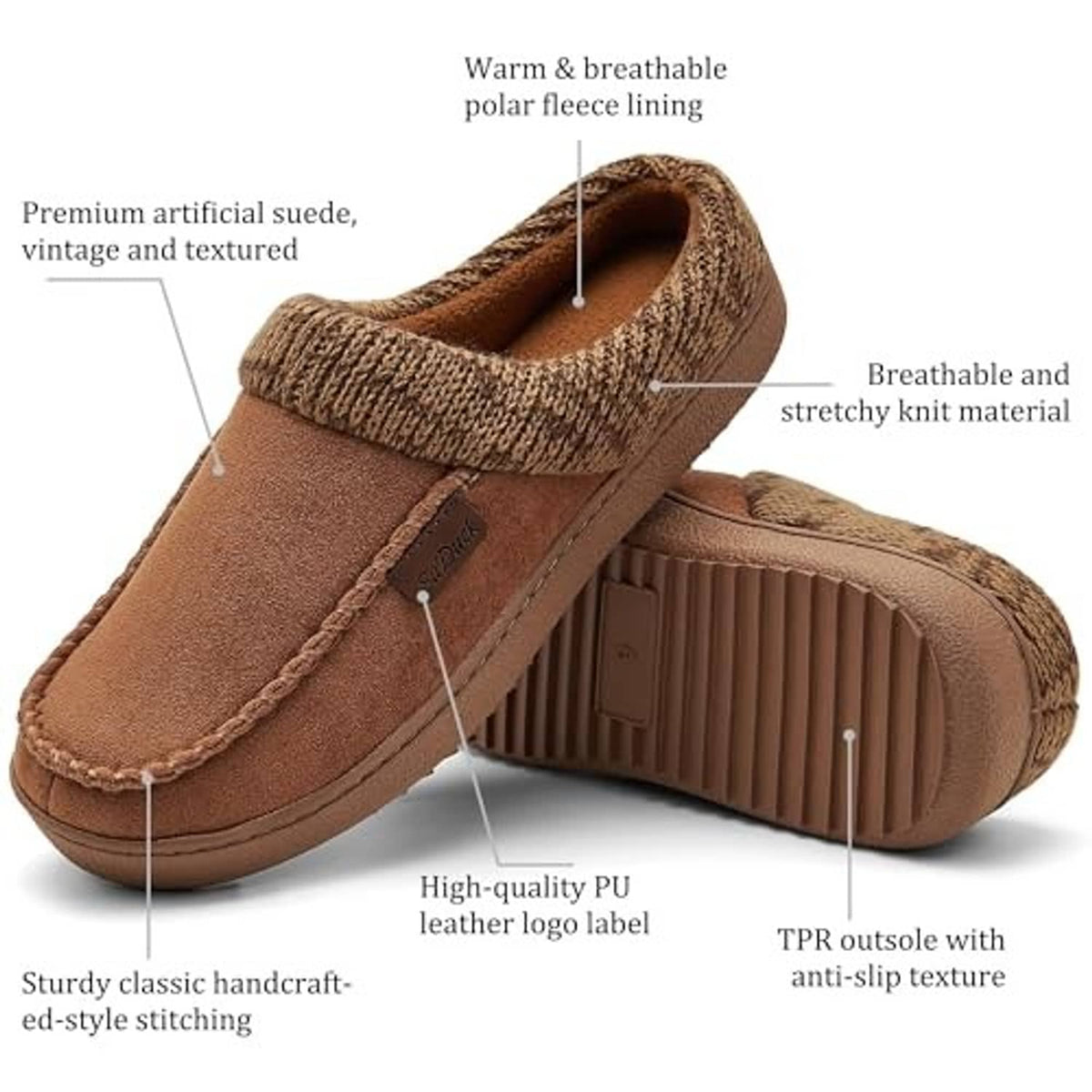 Brown moccasin slipper clogs with knit collar, suede upper, and ribbed TPR outsole