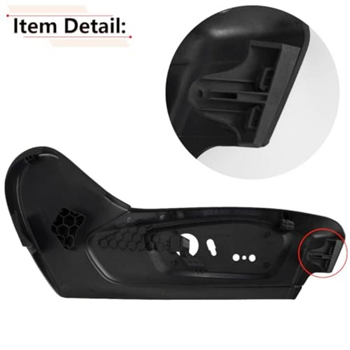 Black plastic seat trim bracket detail, showing inner ribs and mounting area