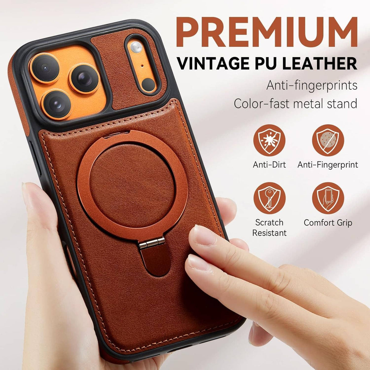 Brown vintage PU leather iPhone 17 Pro case with ring stand and camera cutouts