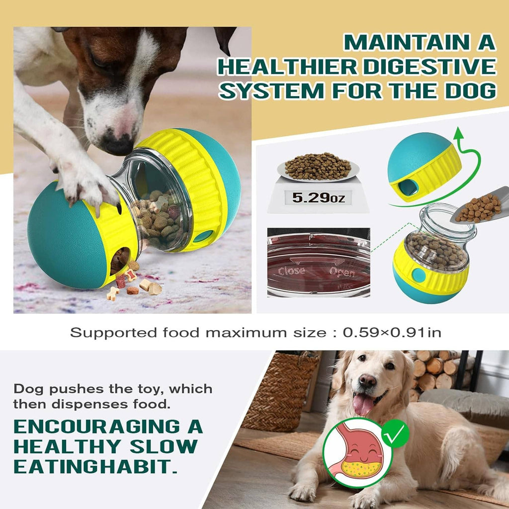 Teal and yellow slow feeder treat dispenser with clear drum, shown as dog nudges it