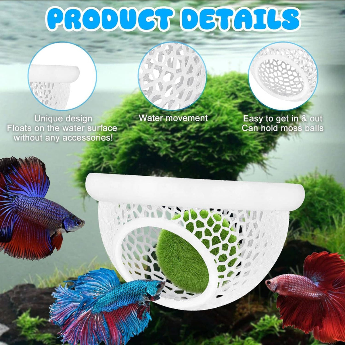 White floating mesh betta hide hammock with oval opening and resting betta fish