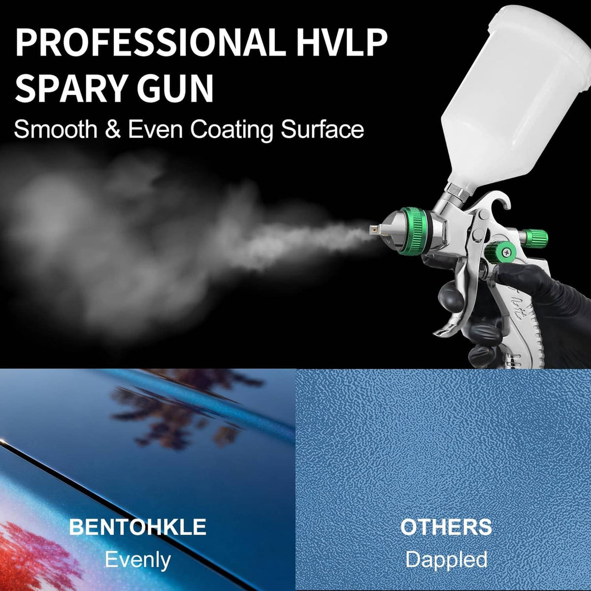 HVLP spray gun with white paint cup and green air cap, designed for smooth spray