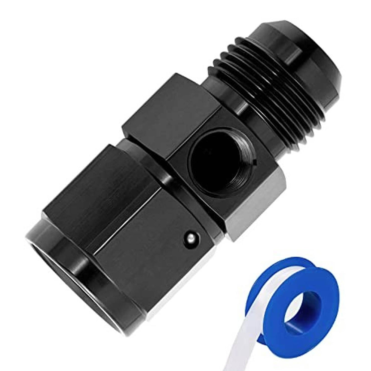 Black swivel connector fitting with threaded ends and 1/8 NPT gauge port