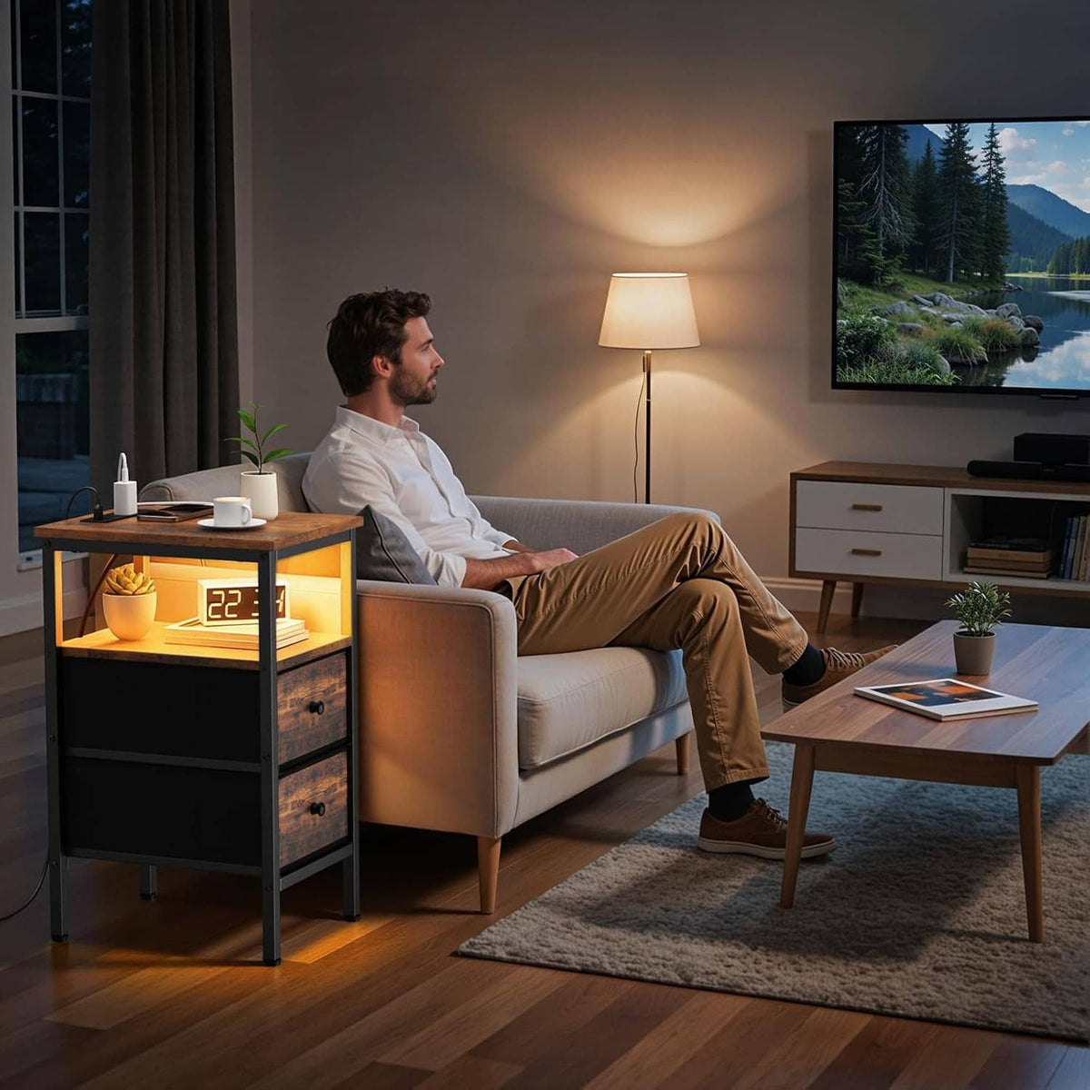 Narrow end table with LED-lit cabinet and display on sofa living room side