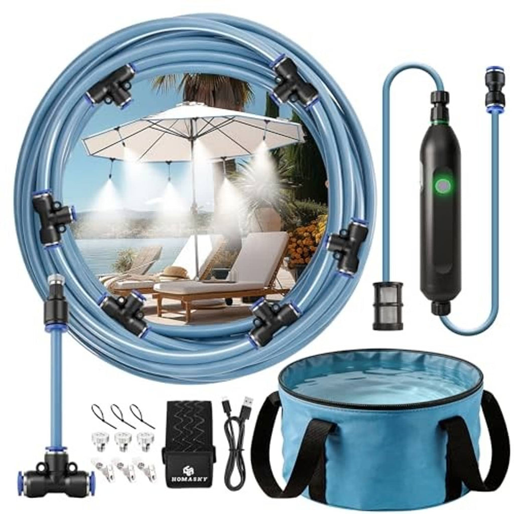Portable outdoor misting system with blue misting hose ring, rechargeable pump and 30L bag