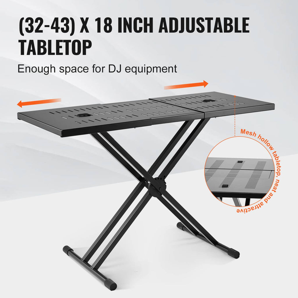 DJ table with perforated tabletop on double-X stand, adjustable height and hollow-leg design