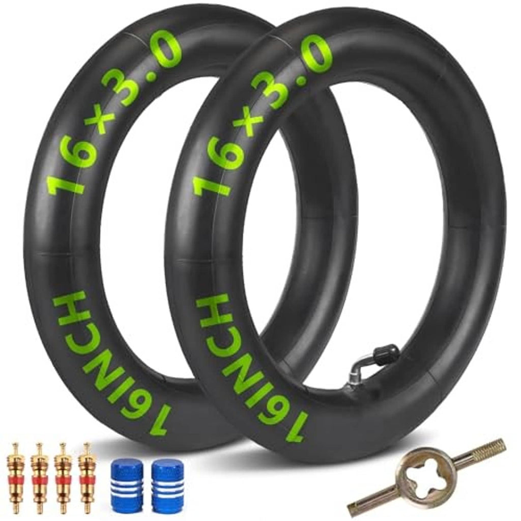 Two black 16x3.0 inner tubes with Schrader valves and bent stems