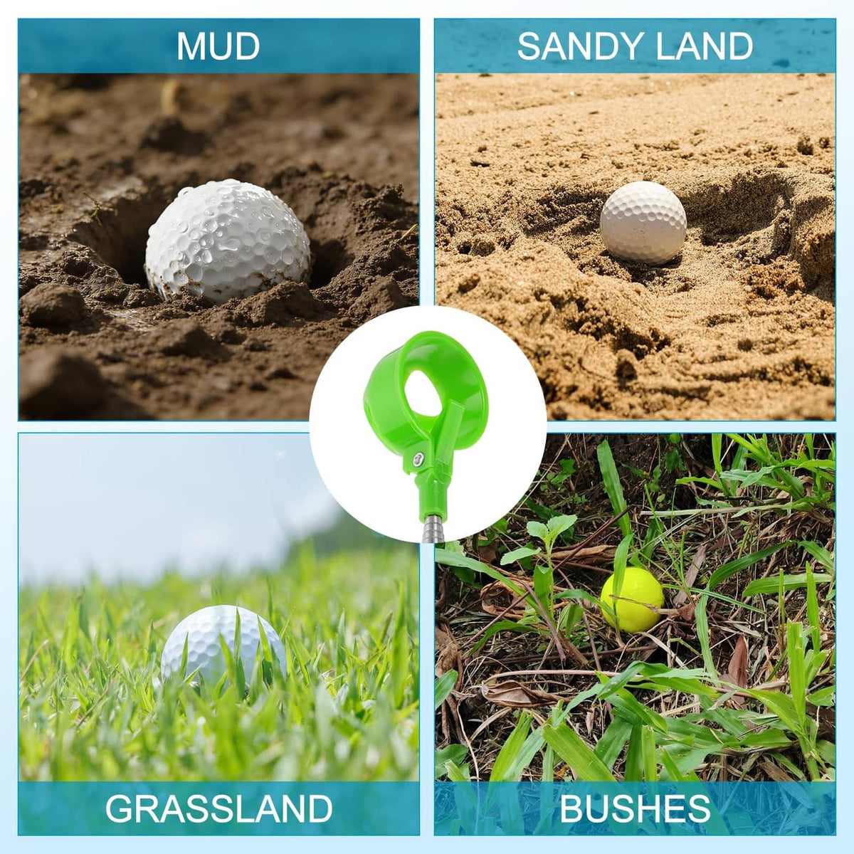 Green golf ball retriever picker shown across mud, sand, grass, and bushes