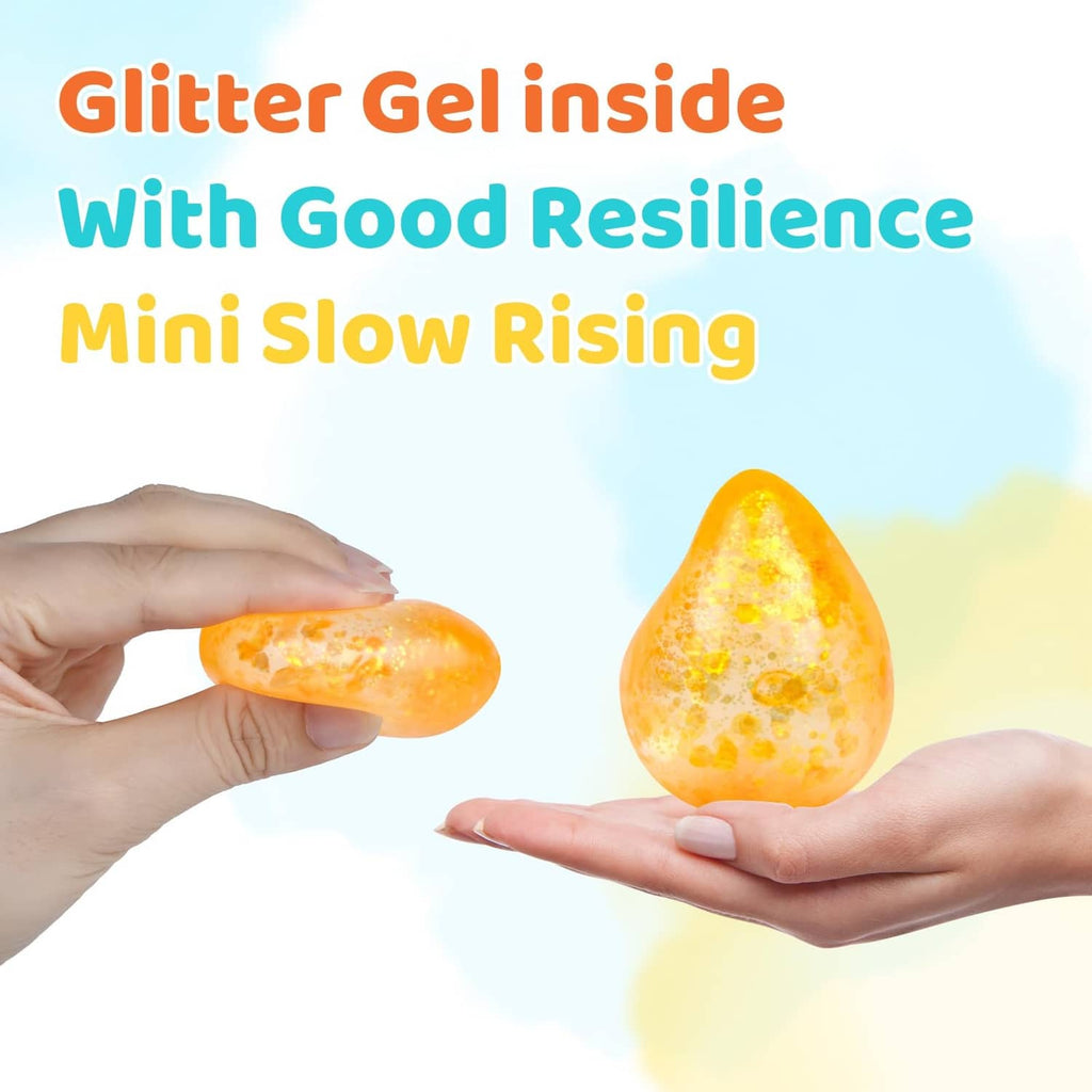 Orange glitter water-droplet squishy stress ball held in hands with glittery gel center.