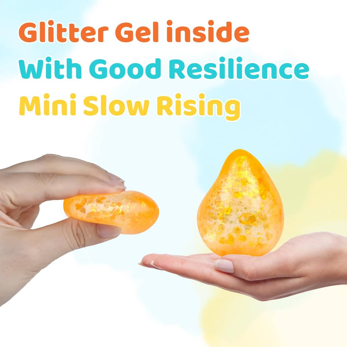 Orange glitter water-droplet squishy stress ball held in hands with glittery gel center.