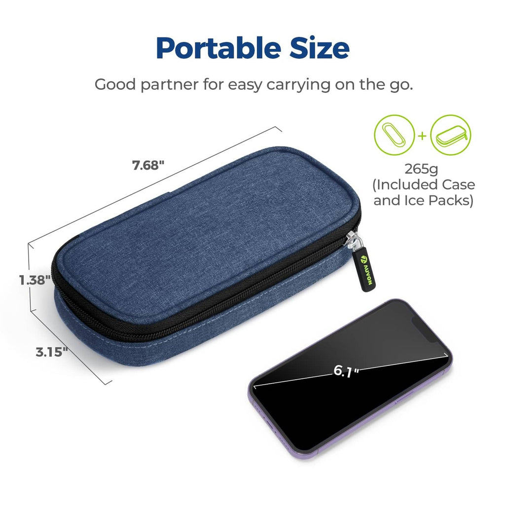Navy insulated insulin cooler case, shown with phone for size comparison