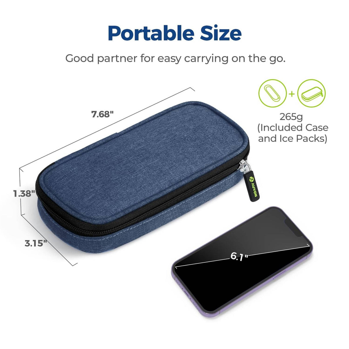 Navy insulated insulin cooler case, shown with phone for size comparison
