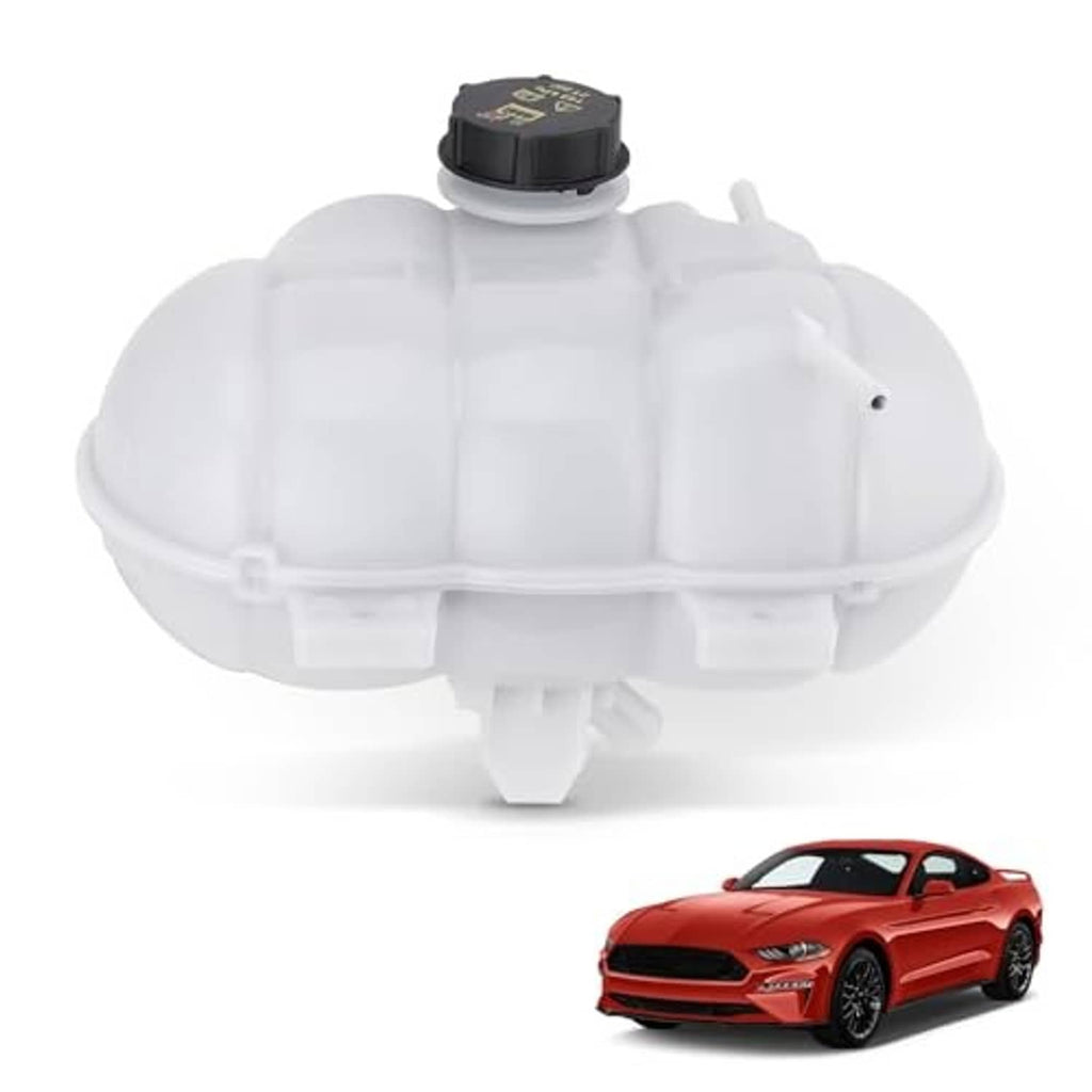 White coolant reservoir expansion tank with black cap and outlet tube details