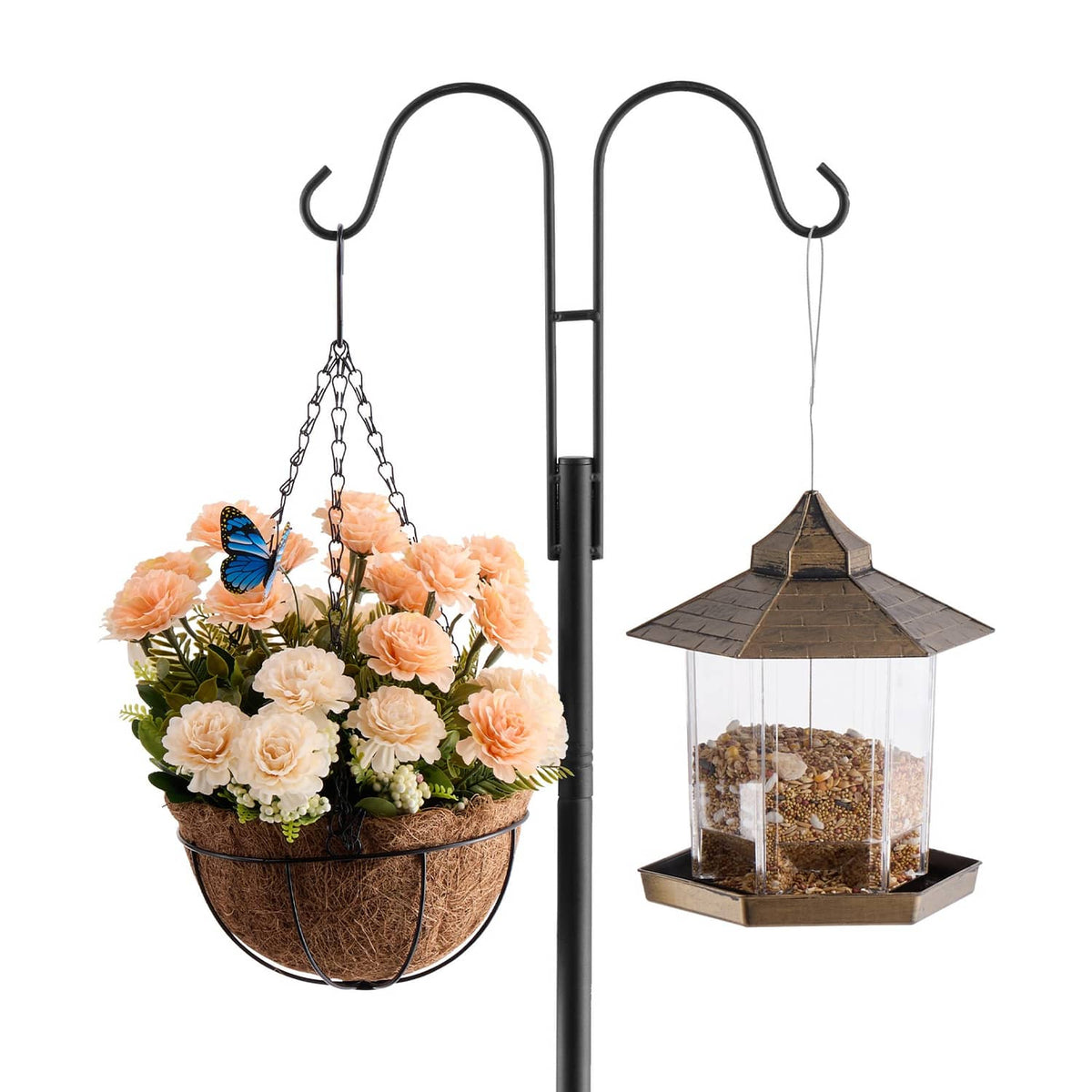 Black double shepherd hook pole holding a flower basket and two lantern feeders