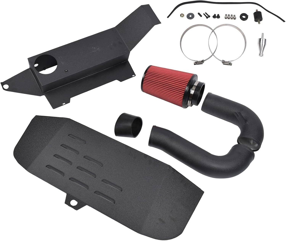Cold air intake kit parts shown together: filter, hoses, and black heat shields