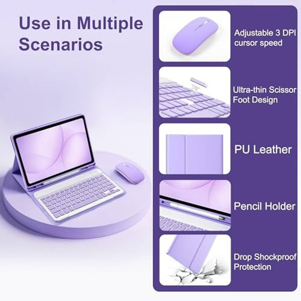 Purple mouse and tablet keyboard case with features panel and stand use
