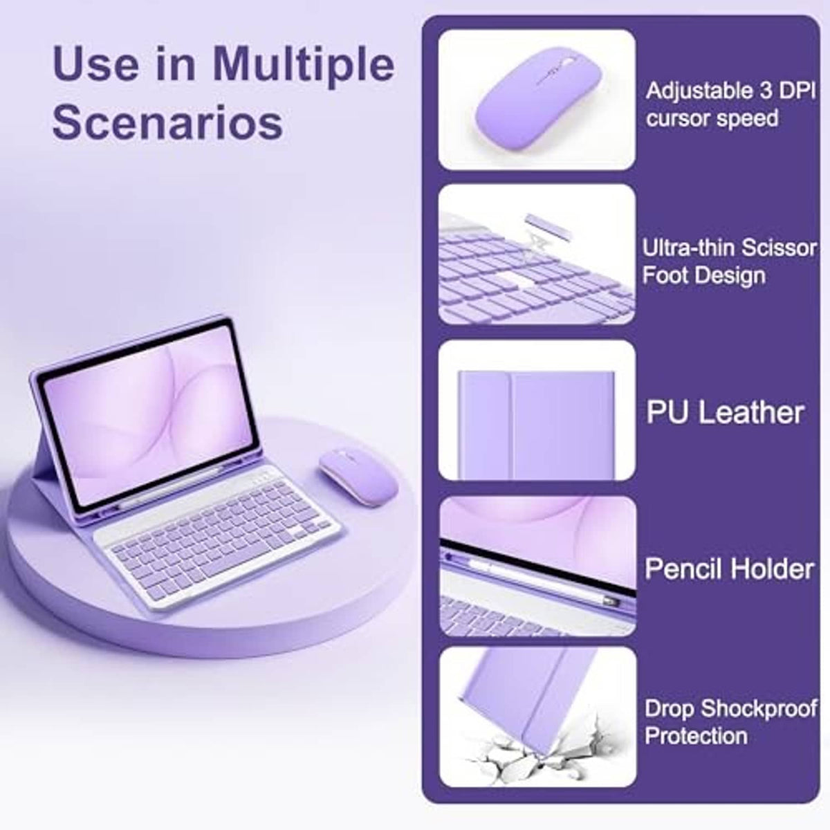 Purple mouse and tablet keyboard case with features panel and stand use