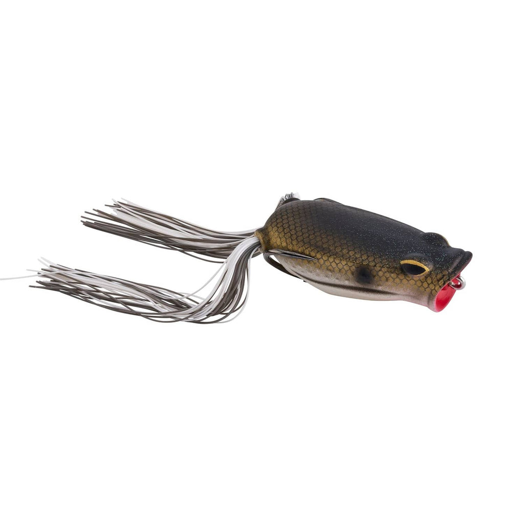 Frog popper lure, olive-brown body with gray skirt and small red mouth