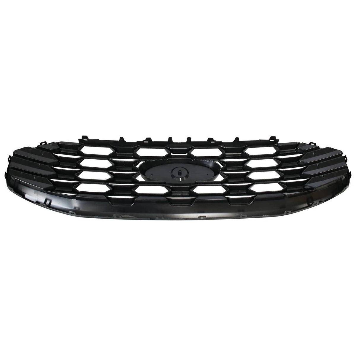 Black grille with hex honeycomb pattern, central emblem opening, and rear brackets