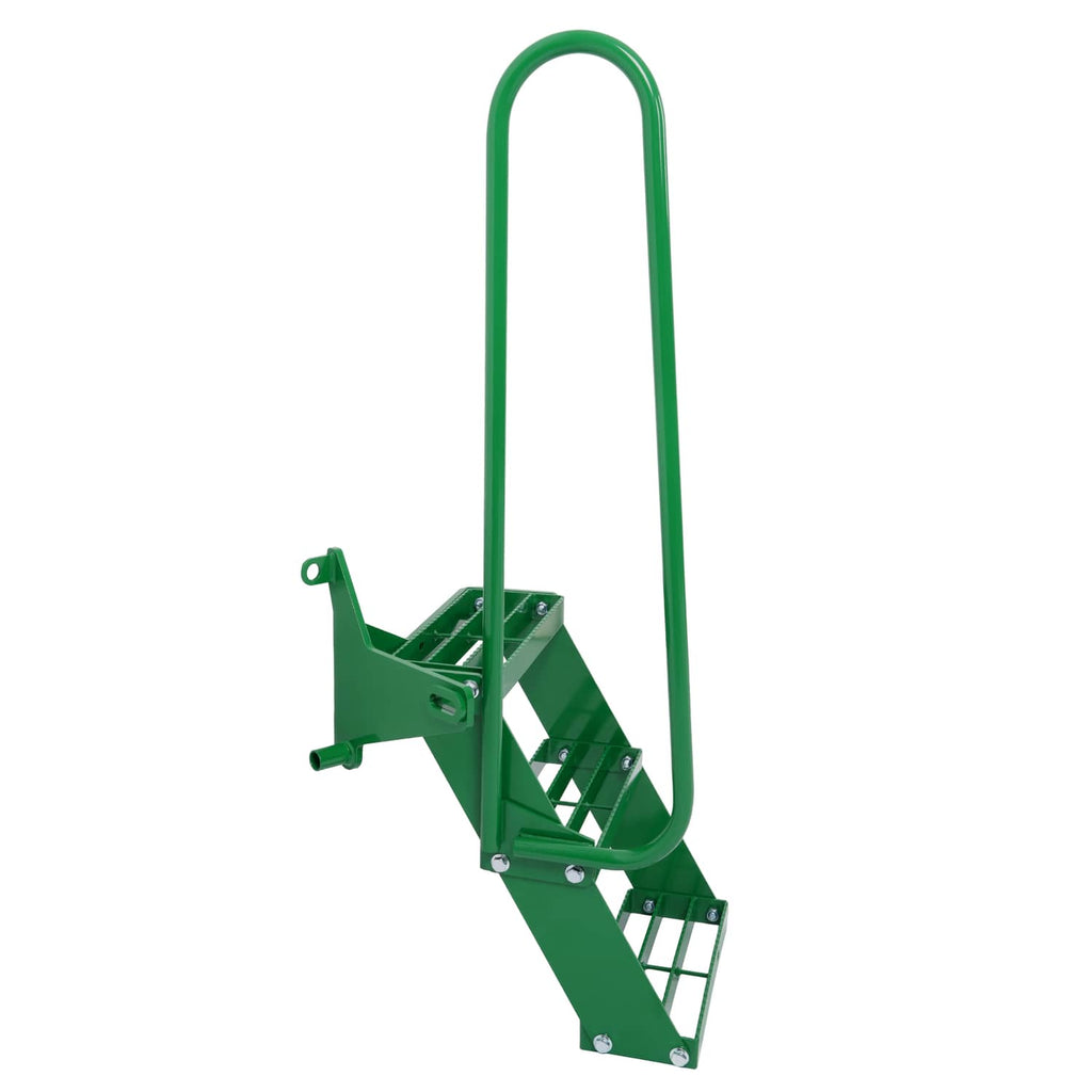 Green tractor step extension kit with tall U-shaped handrail and slatted ladder platform