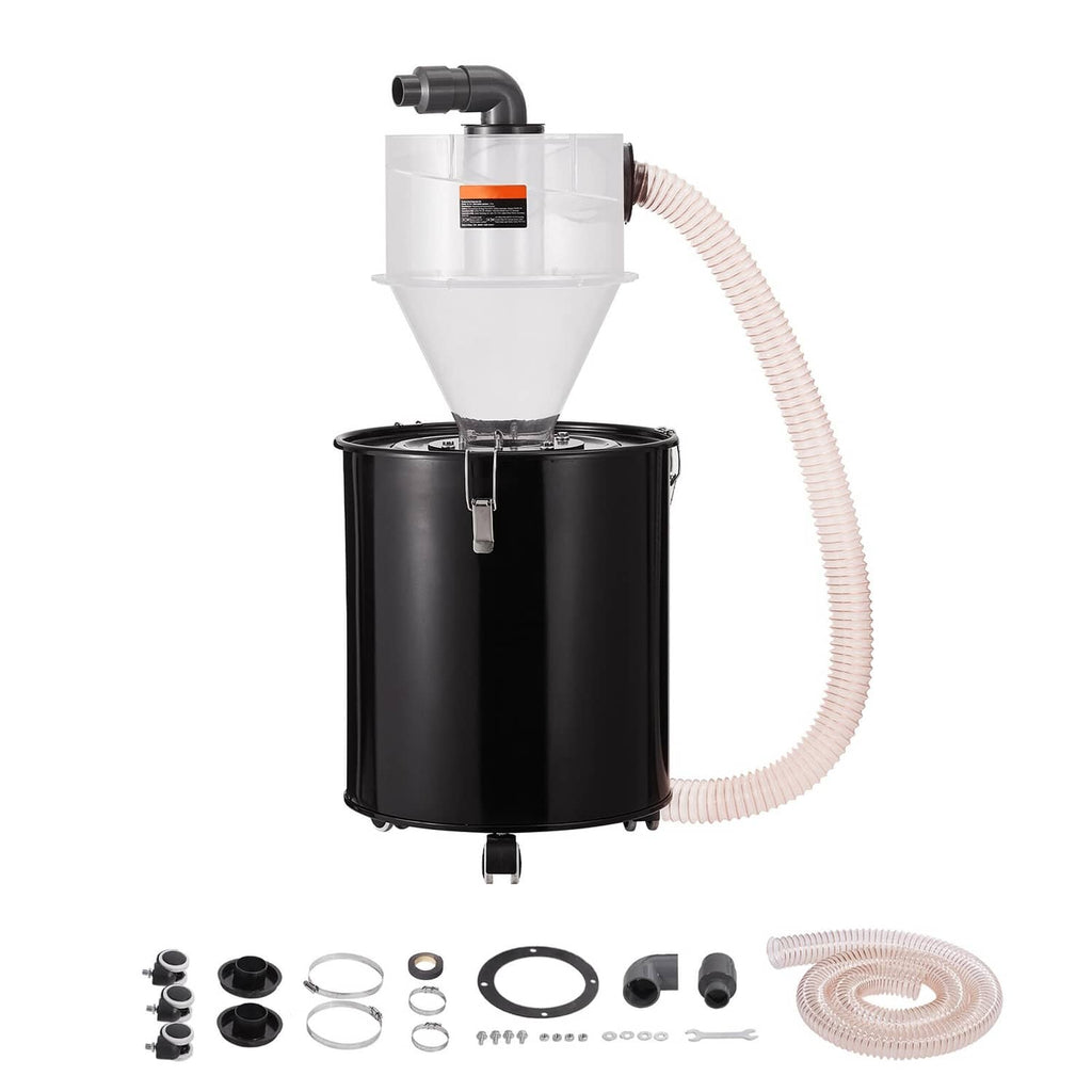 Cyclone dust separator with clear top hopper, black drum tank, and white vacuum hose