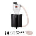 Cyclone dust separator with clear top hopper, black drum tank, and white vacuum hose