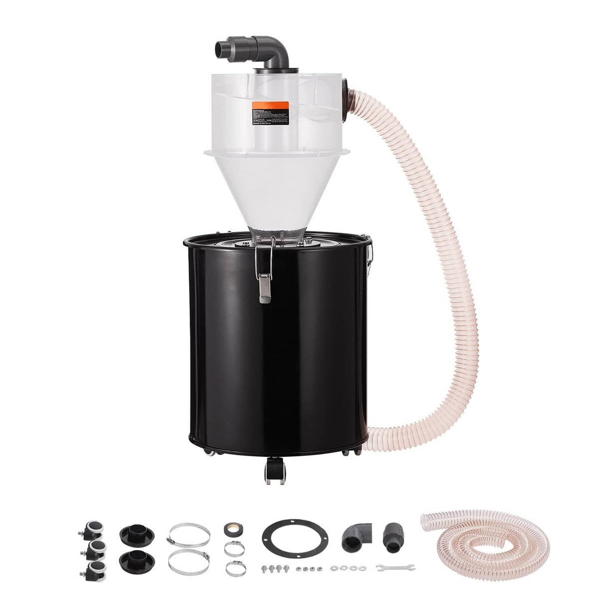 Cyclone dust separator with clear top hopper, black drum tank, and white vacuum hose
