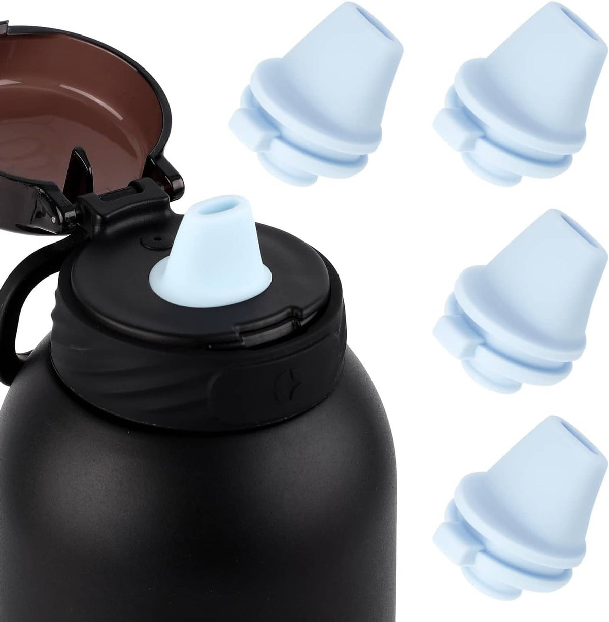 4 silicone bite valve caps in light blue, shown with black bottle lid top