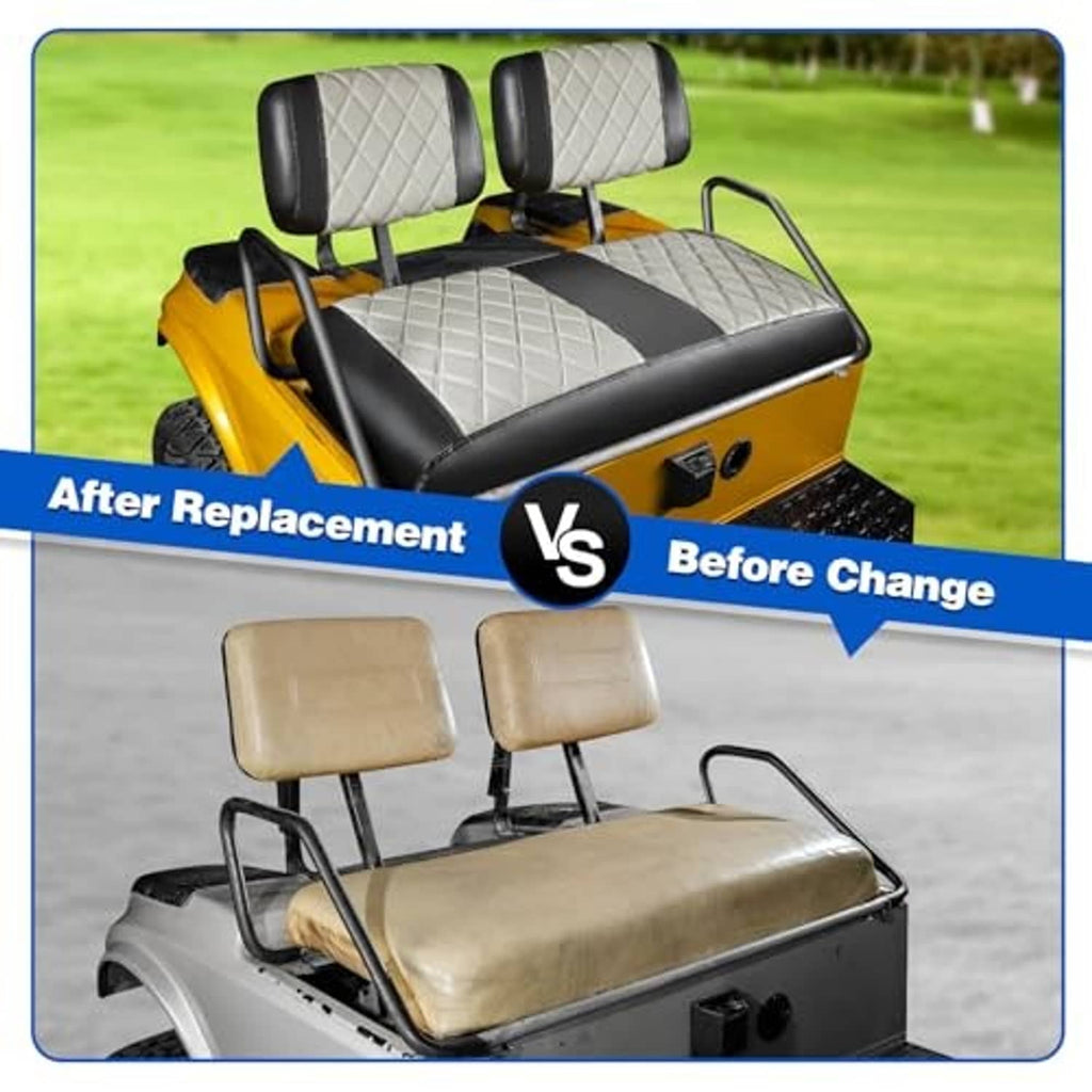 Golf cart seat covers with gray quilted cushions and black bolsters, front seat view