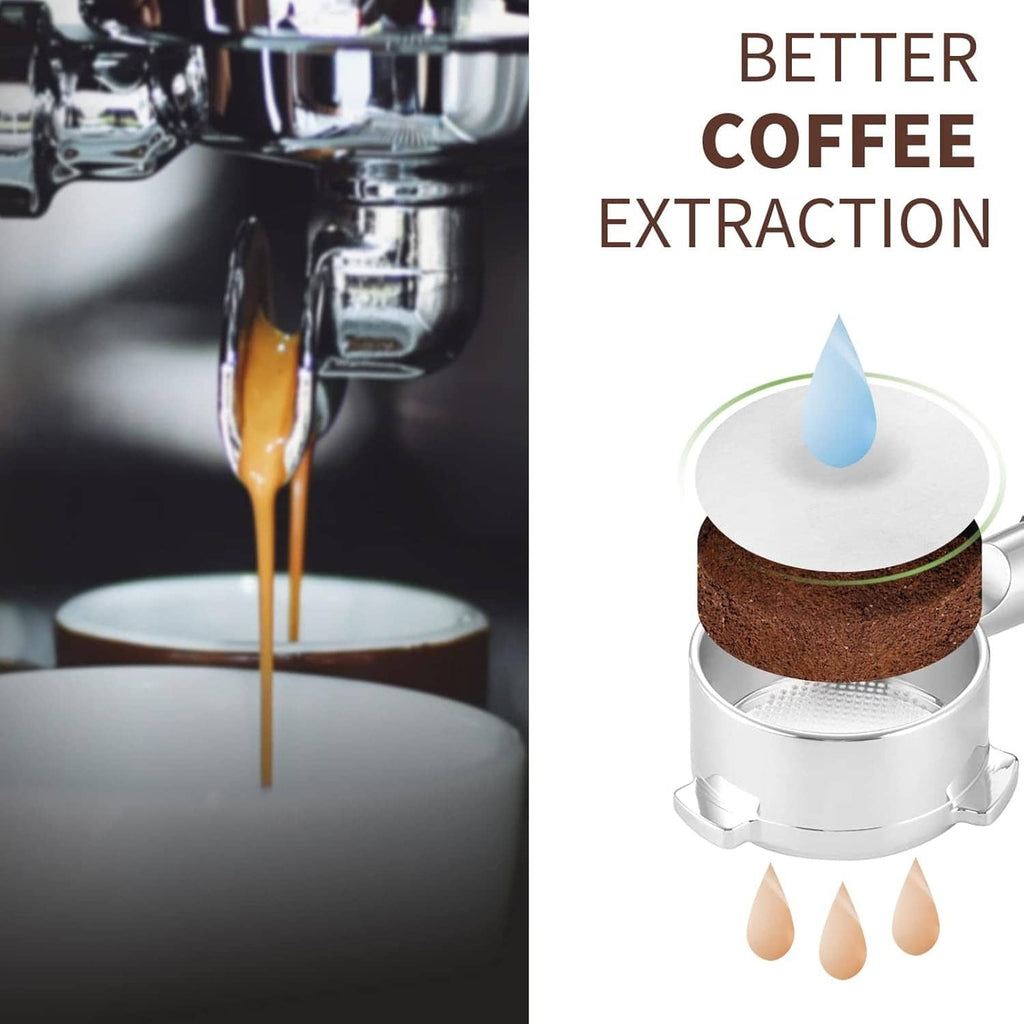 Round paper coffee filter disc on espresso machine portafilter (53–54 mm)