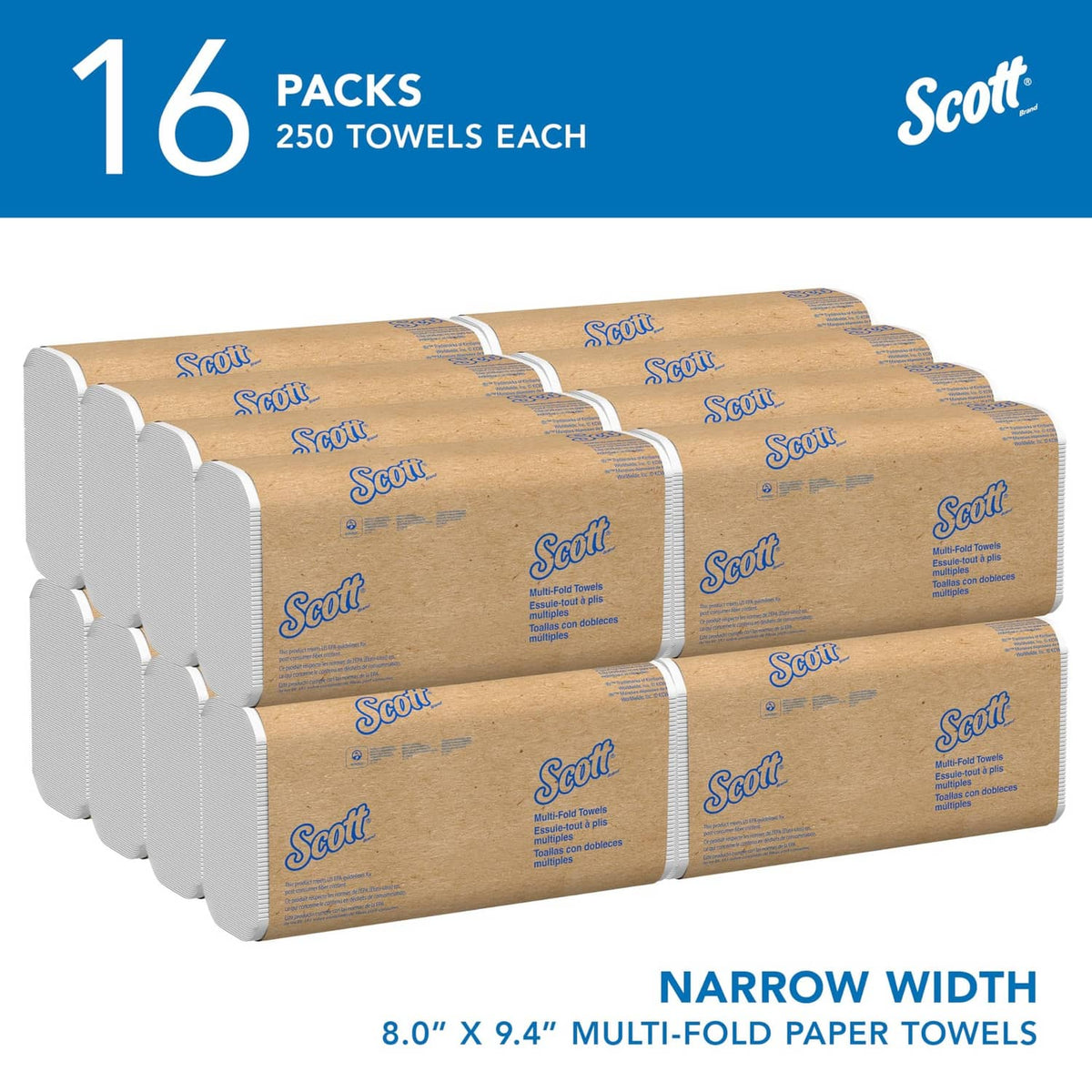 16-pack multi-fold paper towels, narrow width white folded towels