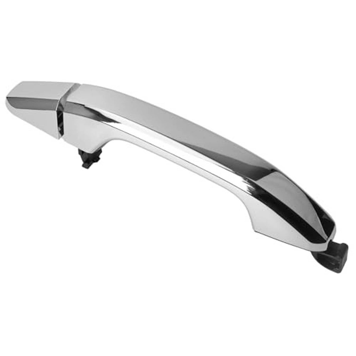 Chrome exterior door handle with black end cap and mounting clips
