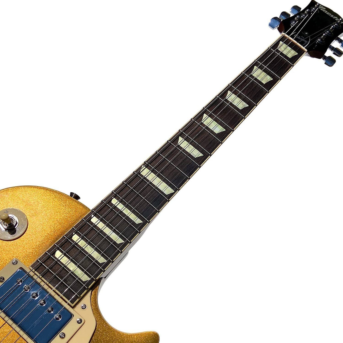 Guitar fretboard with pale rectangular inlay stickers across the neck