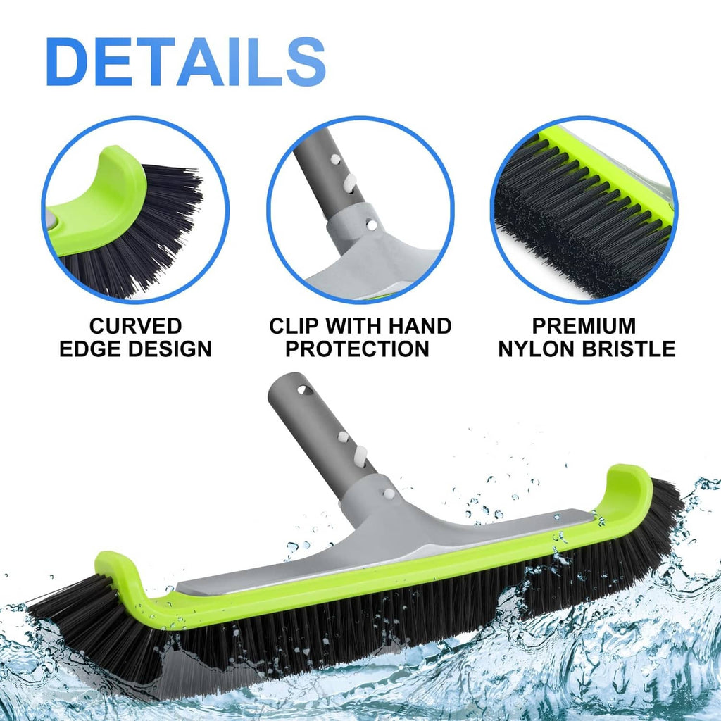 Green-and-gray pool brush with curved edge and premium nylon bristles