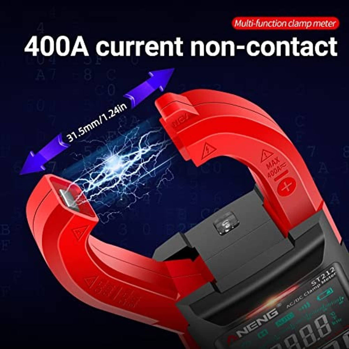 Red non-contact clamp meter with jaw sensor and LCD showing current measurement