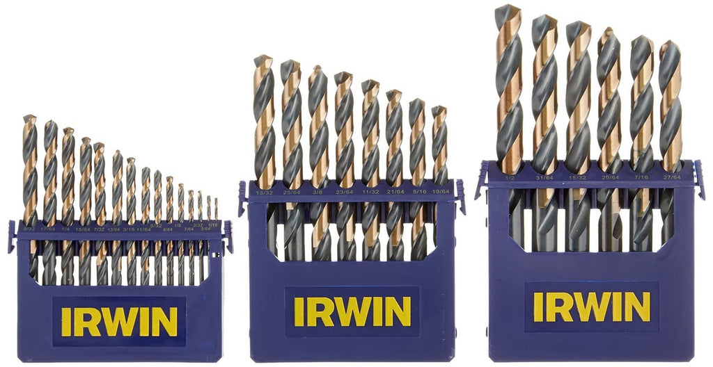 Three drill bit set cases with assorted high-speed steel bit sizes, IRWIN branding