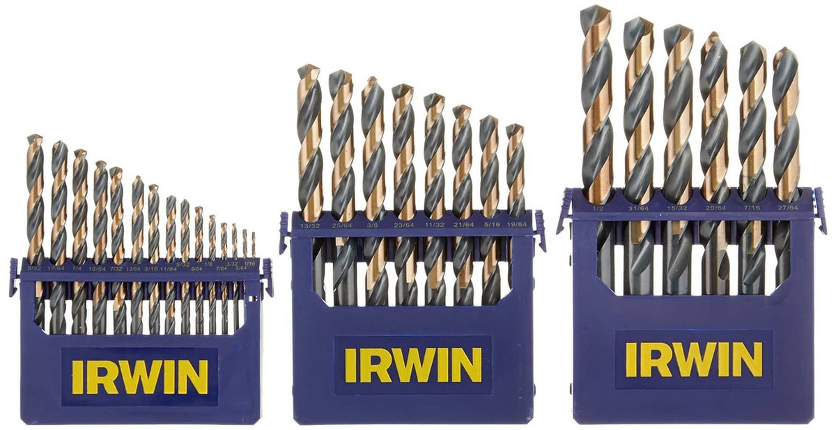 Three drill bit set cases with assorted high-speed steel bit sizes, IRWIN branding