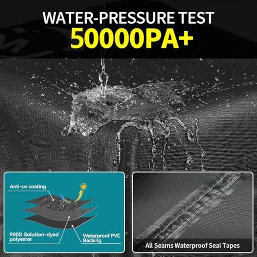 Black waterproof fabric with high-pressure water splash and visible seam tape detail.