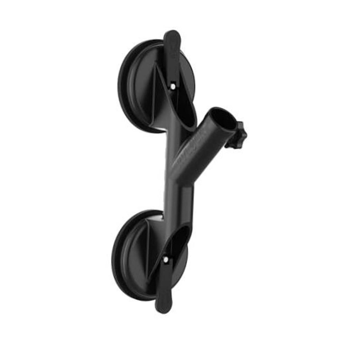 Black two-pad suction flagpole mount with vertical tube and pole socket