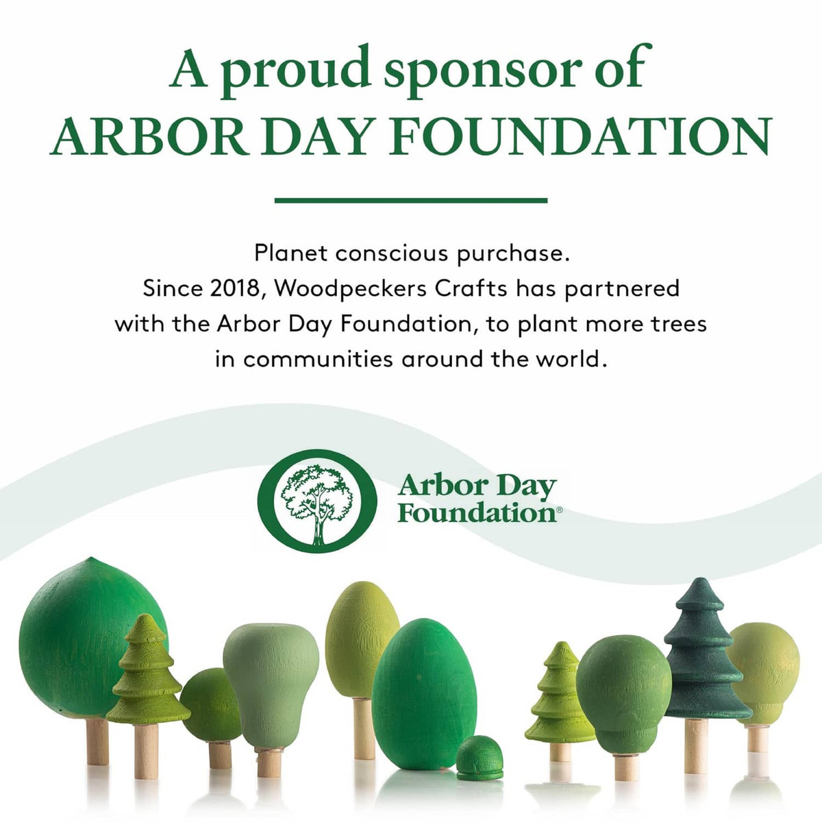 Wooden cube craft set sponsor badge featuring Arbor Day Foundation logo and tree icons