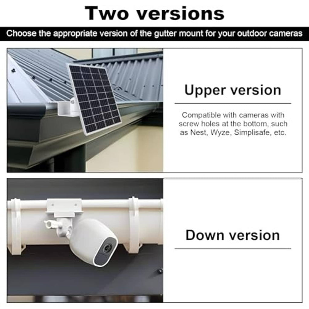 Two versions of white solar panel gutter mount adapter for different camera setups