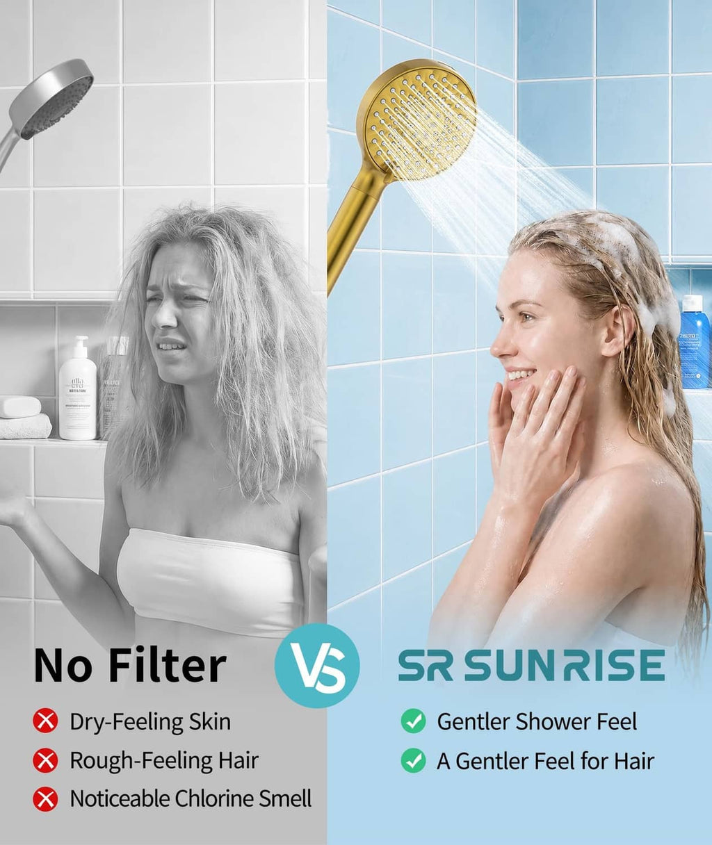 Brushed gold handheld showerhead with round face and filtered spray