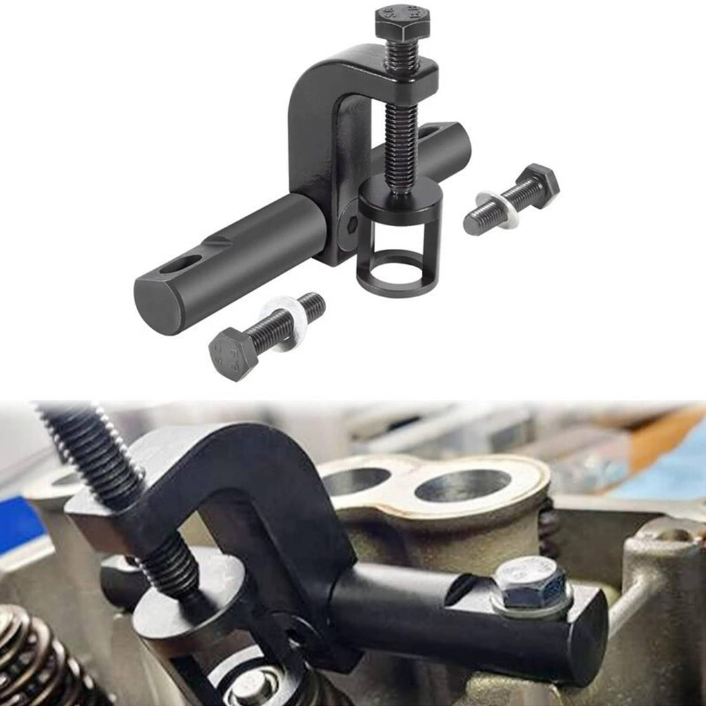 Black valve spring compressor tool installed on engine head with clamp and handle