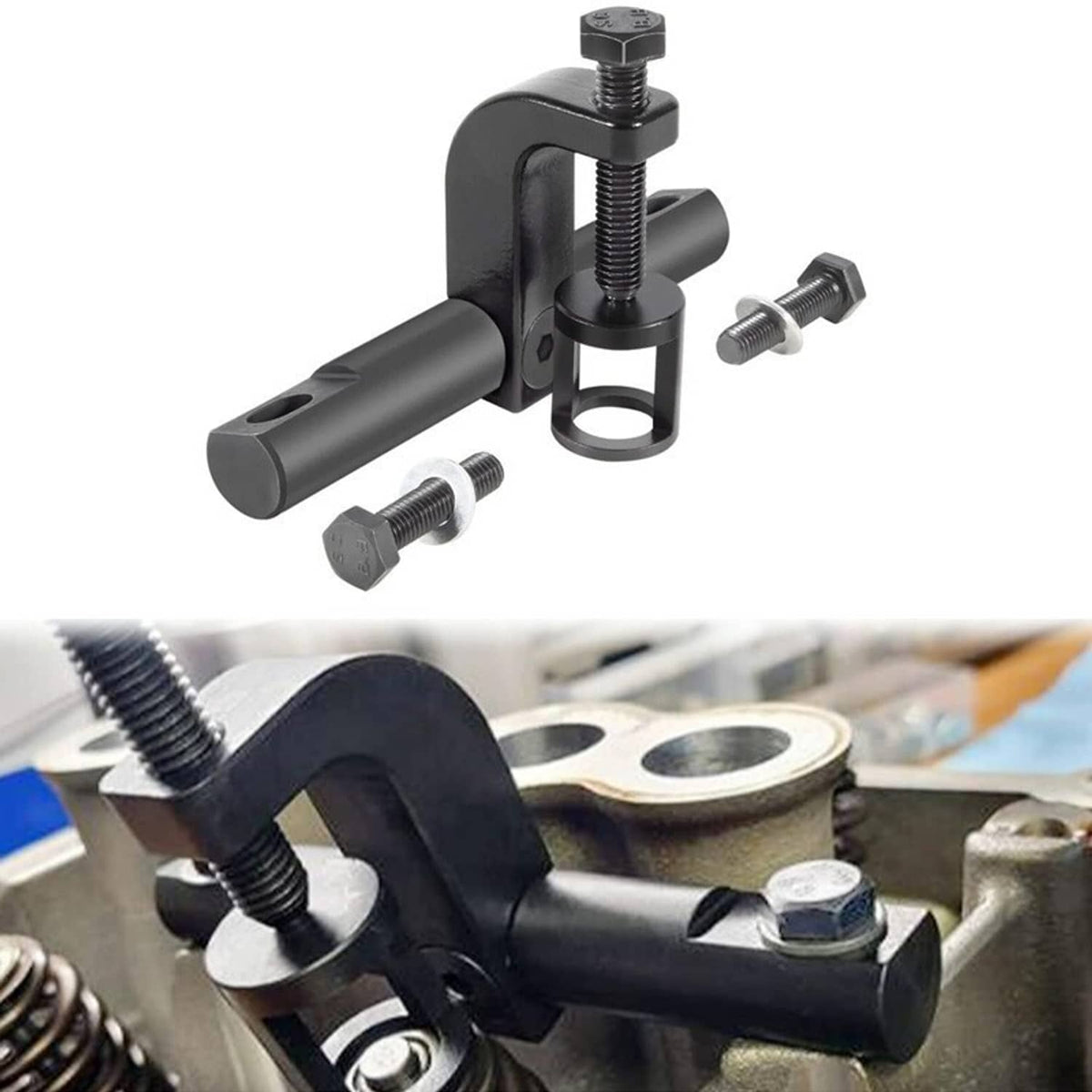 Black valve spring compressor tool installed on engine head with clamp and handle