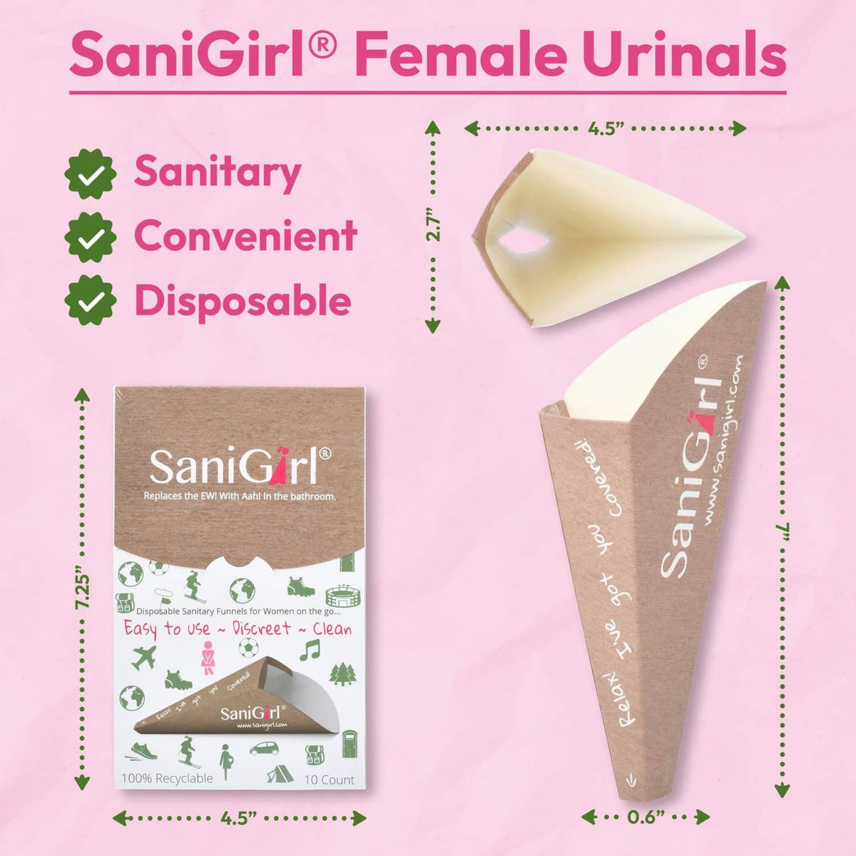 Disposable female urine funnel and 10-count box with measurement guide and beige funnel.
