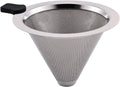 Stainless steel pour-over coffee cone dripper with black handle and fine mesh filter