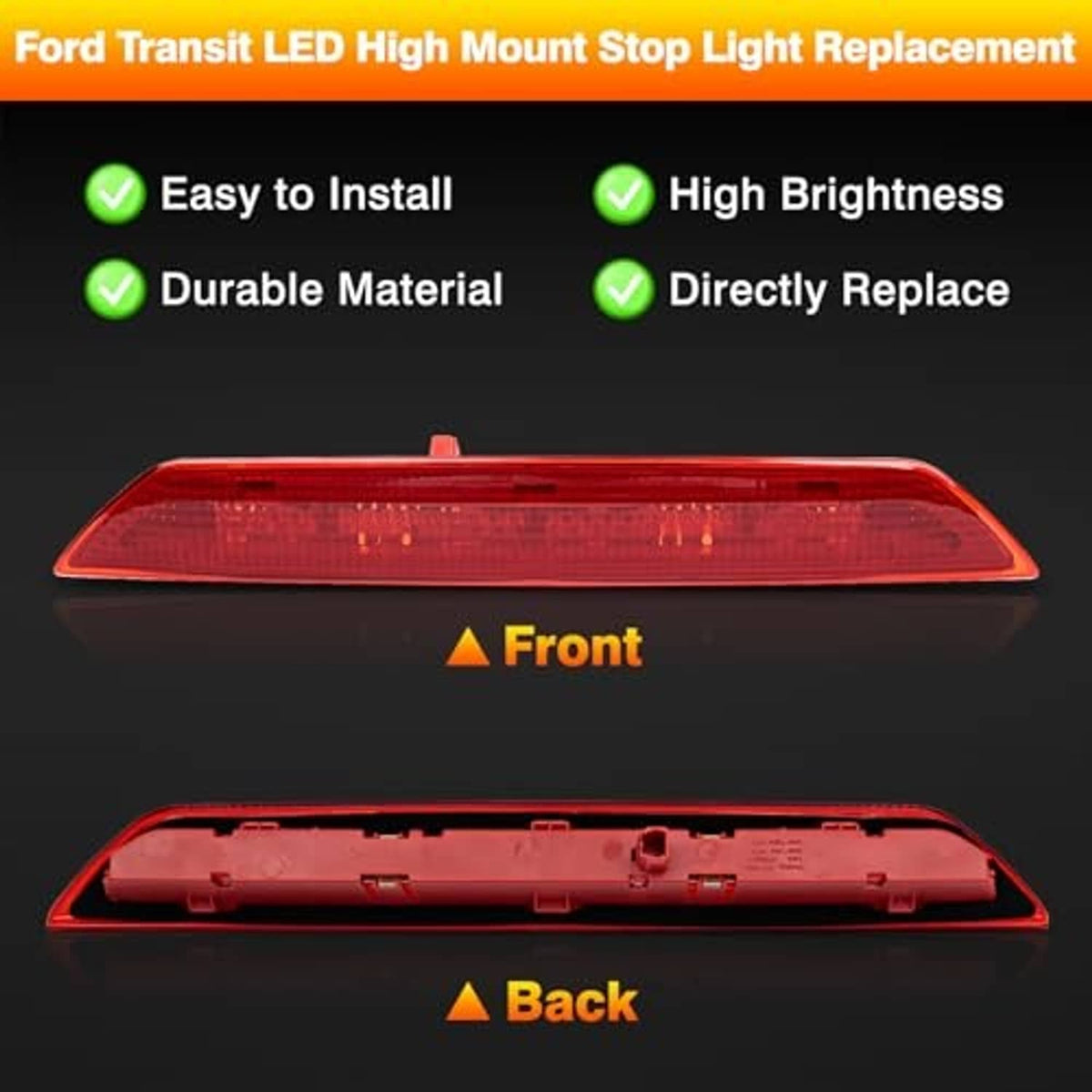 Red LED high-mount stop light replacement, front and back views shown